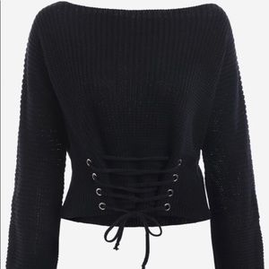 Black Boat Neck Lace Up Sweater
